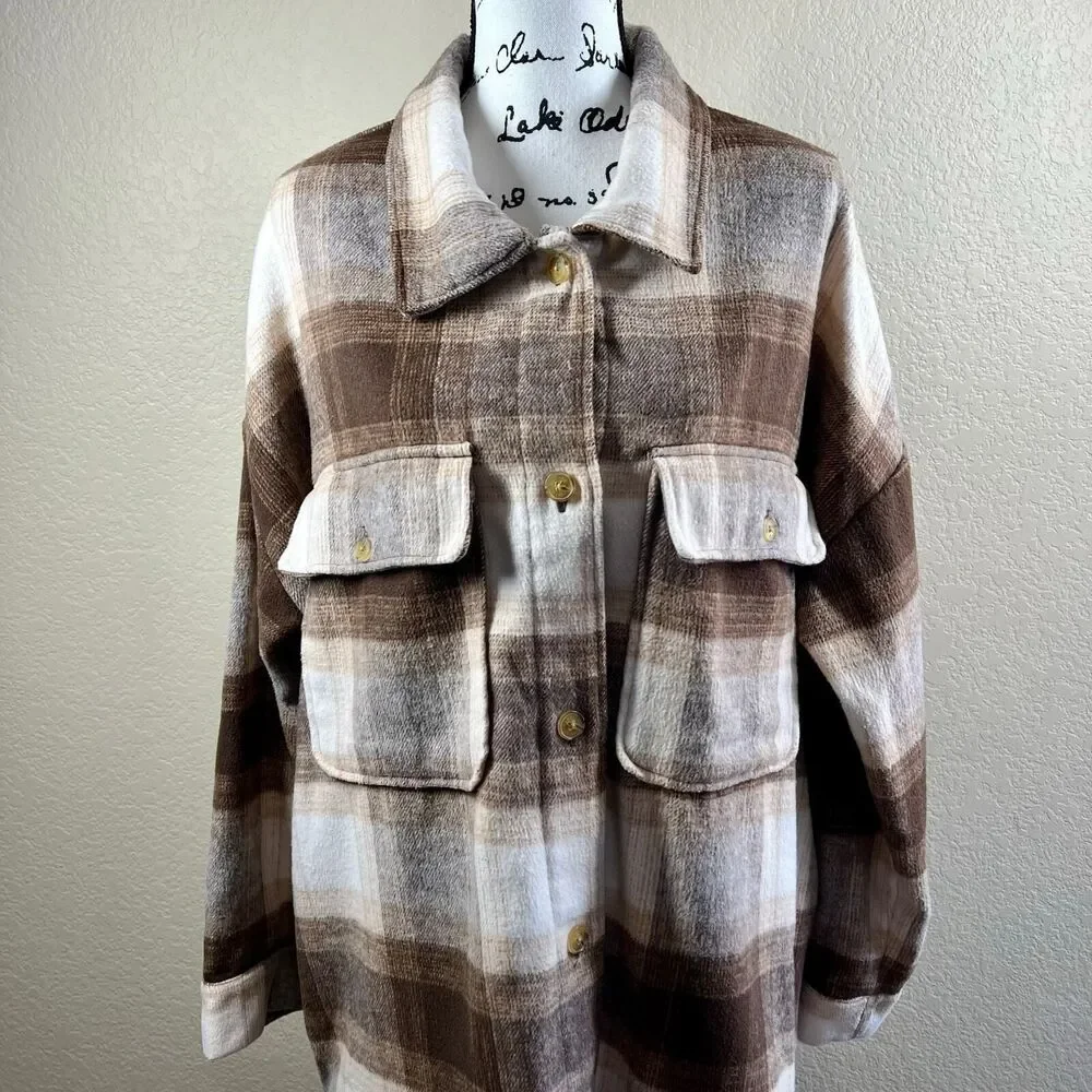 Banana Republic Brown Brushed Flannel Plaid Jacket Shacket  baddie size XXL